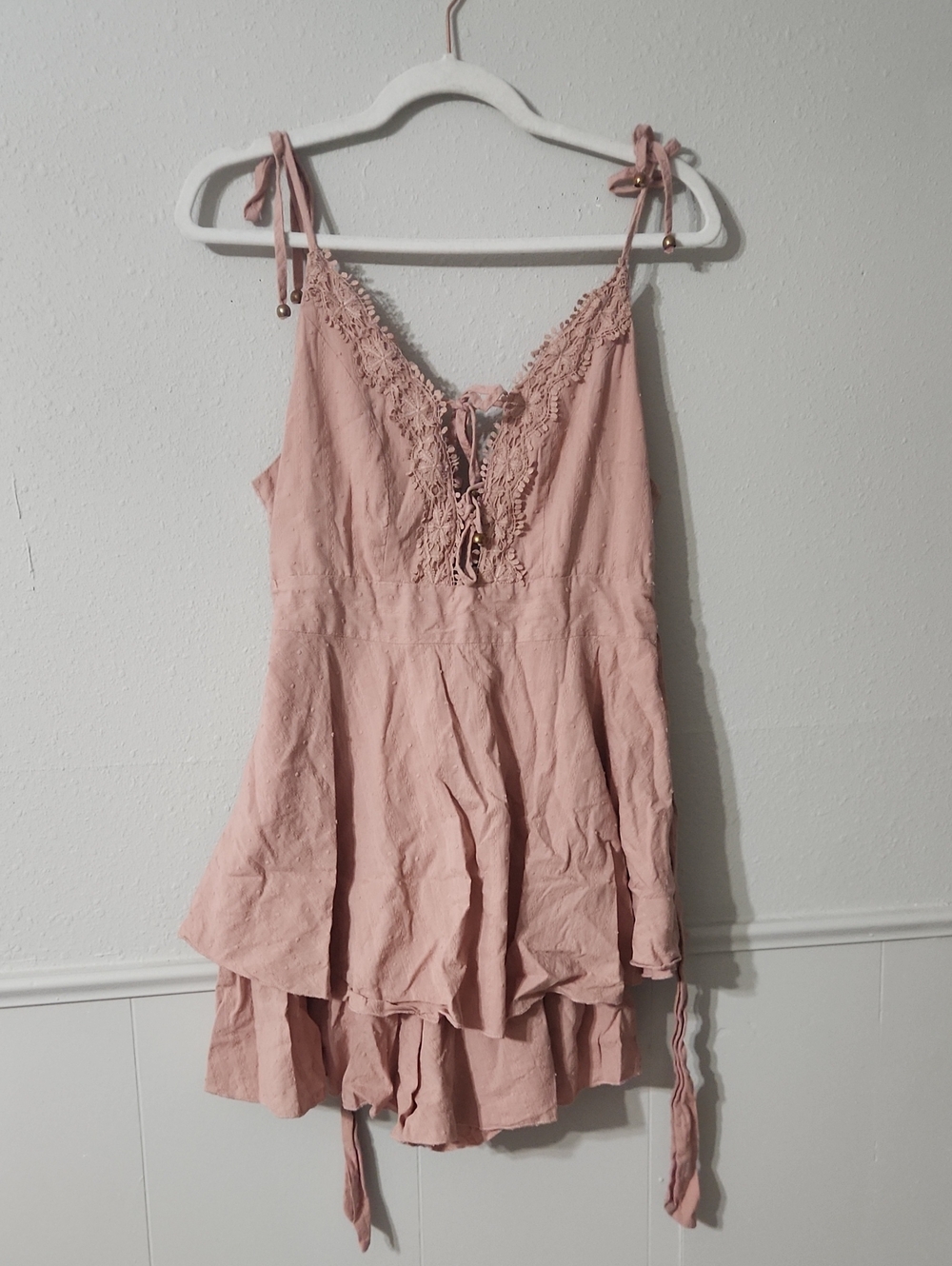 Simplee Apparel Blush Pink Lace-Up Tie-Shoulder Sleep Romper